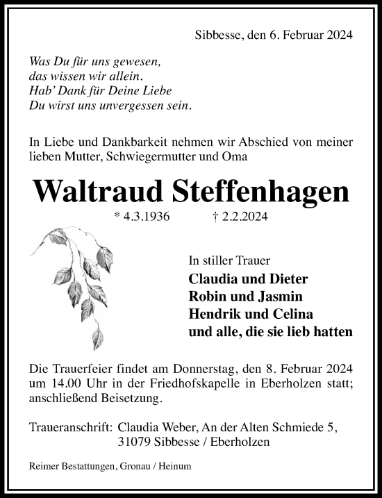 Traueranzeige von Waltraud Steffenhagen von Hildesheimer Allgemeine Zeitung