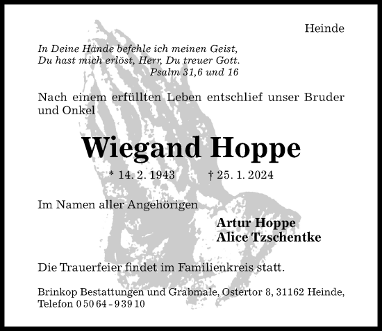 Traueranzeige von Wiegand Hoppe von Hildesheimer Allgemeine Zeitung