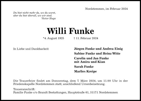 Traueranzeige von Willi Funke von Hildesheimer Allgemeine Zeitung