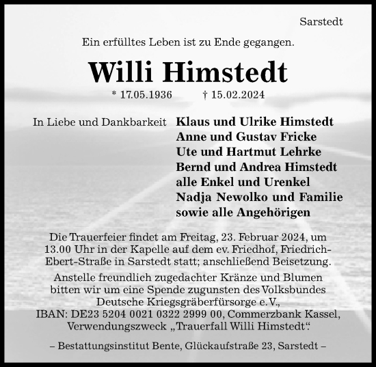 Traueranzeige von Willi Himstedt von Hildesheimer Allgemeine Zeitung