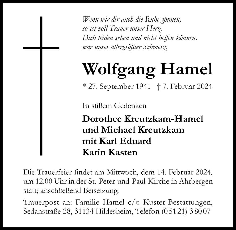  Traueranzeige für Wolfgang Hamel vom 10.02.2024 aus Hildesheimer Allgemeine Zeitung