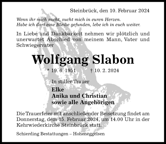 Traueranzeige von Wolfgang Slabon von Hildesheimer Allgemeine Zeitung
