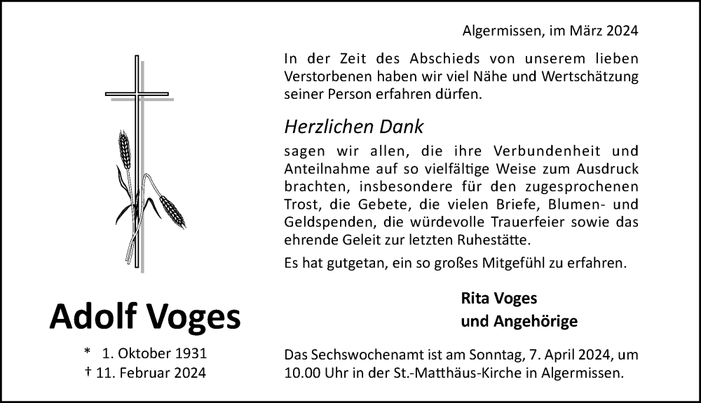  Traueranzeige für Adolf Voges vom 30.03.2024 aus Hildesheimer Allgemeine Zeitung