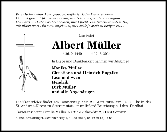 Traueranzeige von Albert Müller von Hildesheimer Allgemeine Zeitung