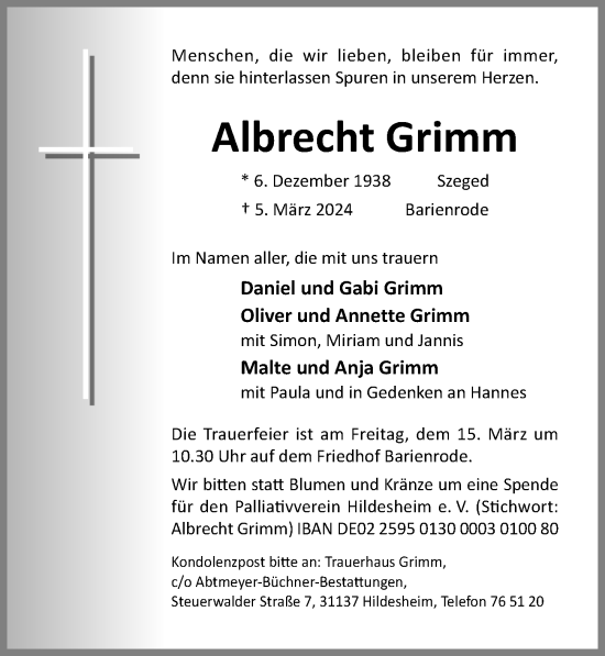 Traueranzeige von Albrecht Grimm von Hildesheimer Allgemeine Zeitung