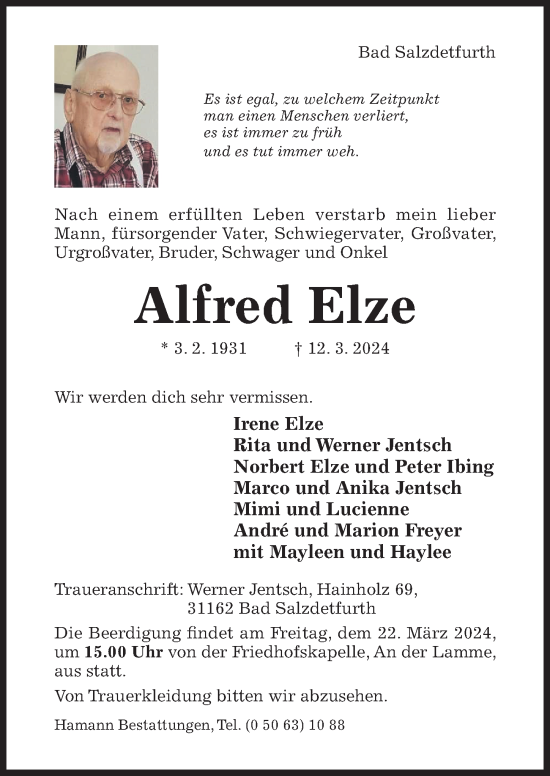 Traueranzeige von Alfred Elze von Hildesheimer Allgemeine Zeitung