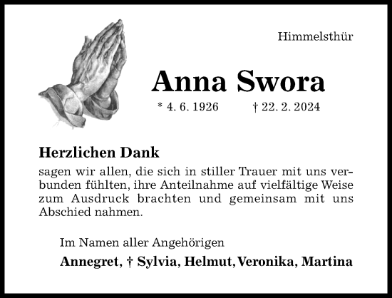 Traueranzeige von Anna Swora von Hildesheimer Allgemeine Zeitung