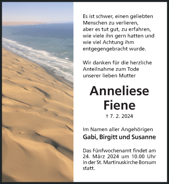 Traueranzeige von Anneliese Fiene von Hildesheimer Allgemeine Zeitung