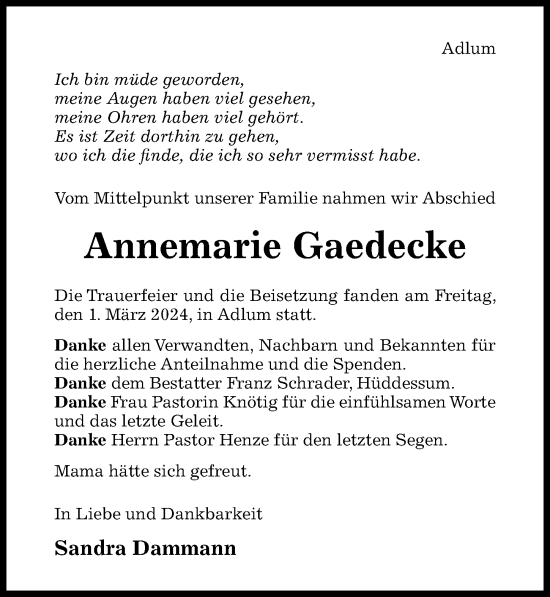 Traueranzeige von Annemarie Gaedecke von Hildesheimer Allgemeine Zeitung