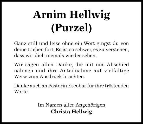 Traueranzeige von Arnim Hellwig von Hildesheimer Allgemeine Zeitung