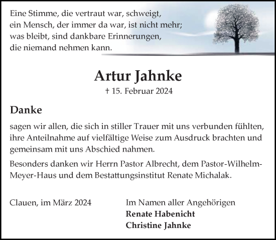 Traueranzeige von Artur Jahnke von Hildesheimer Allgemeine Zeitung