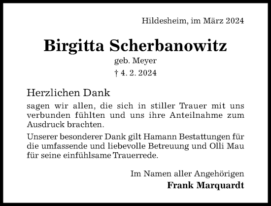 Traueranzeige von Birgitta Scherbanowitz von Hildesheimer Allgemeine Zeitung