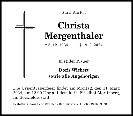 Traueranzeige von Christa Mergenthaler von Hildesheimer Allgemeine Zeitung