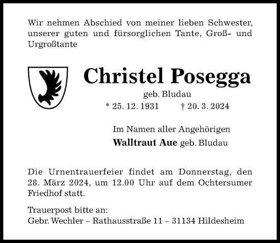 Traueranzeige von Christel Posegga von Hildesheimer Allgemeine Zeitung