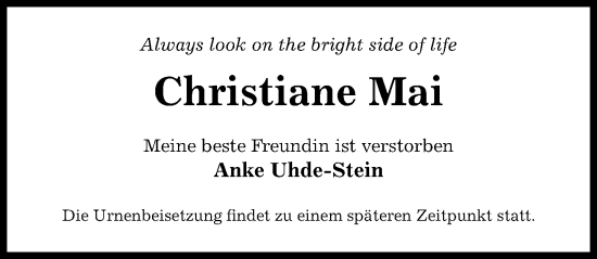 Traueranzeige von Christiane Mai von Hildesheimer Allgemeine Zeitung