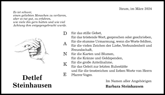 Traueranzeige von Detlef Steinhausen von Hildesheimer Allgemeine Zeitung