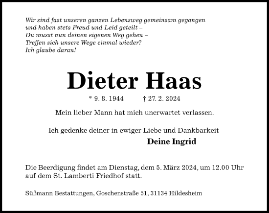 Traueranzeige von Dieter Haas von Hildesheimer Allgemeine Zeitung