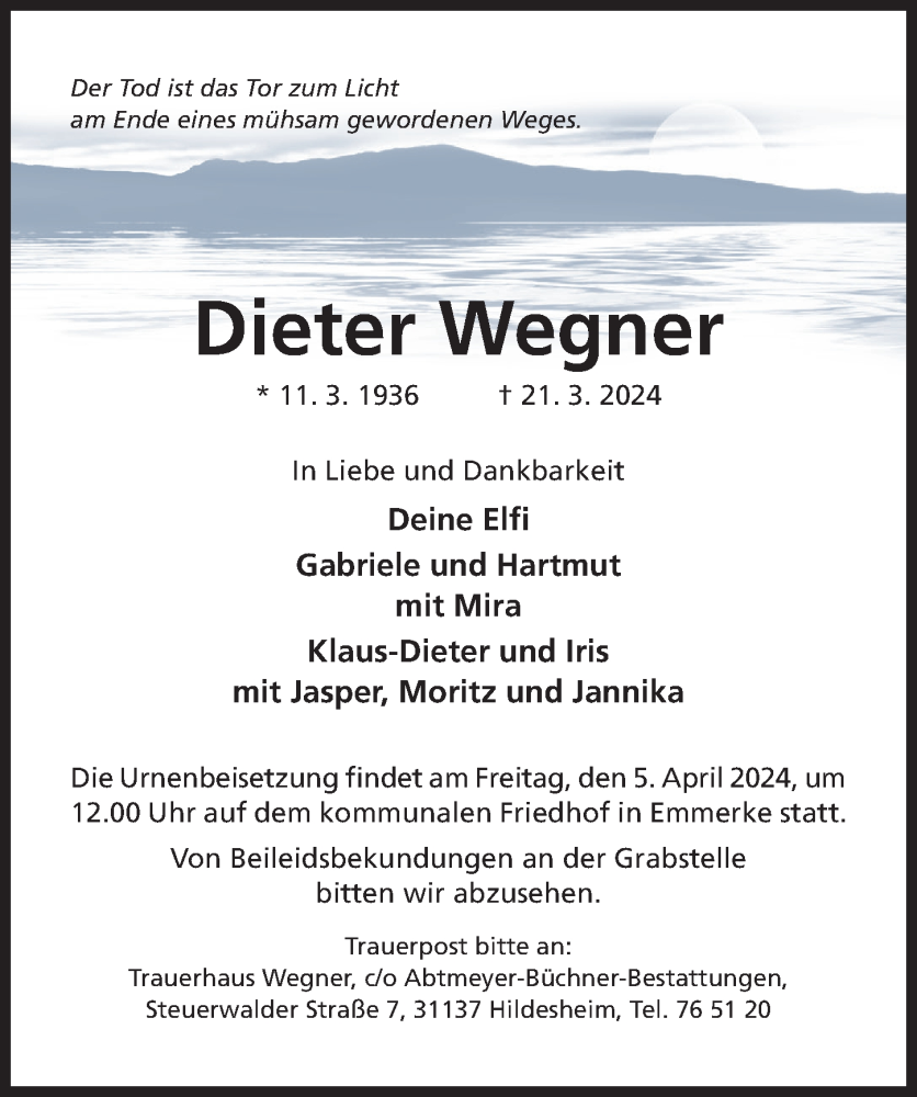  Traueranzeige für Dieter Wegner vom 27.03.2024 aus Hildesheimer Allgemeine Zeitung