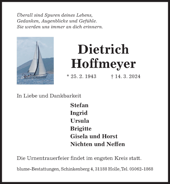 Traueranzeige von Dietrich Hoffmeyer von Hildesheimer Allgemeine Zeitung