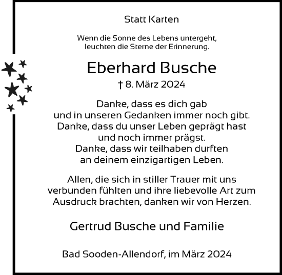 Traueranzeige von Eberhard Busche von Hildesheimer Allgemeine Zeitung