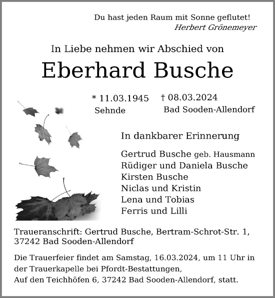 Traueranzeige von Eberhard Busche von Hildesheimer Allgemeine Zeitung