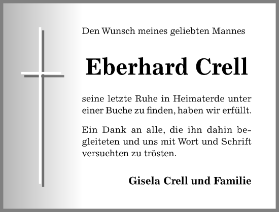 Traueranzeige von Eberhard Crell von Hildesheimer Allgemeine Zeitung