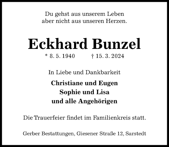 Traueranzeige von Eckhard Bunzel von Hildesheimer Allgemeine Zeitung