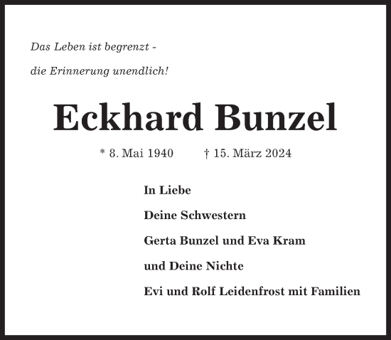 Traueranzeige von Eckhard Bunzel von Hildesheimer Allgemeine Zeitung