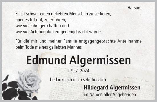 Traueranzeige von Edmund Algermissen von Hildesheimer Allgemeine Zeitung