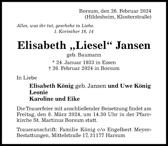 Traueranzeige von Elisabeth Jansen von Hildesheimer Allgemeine Zeitung