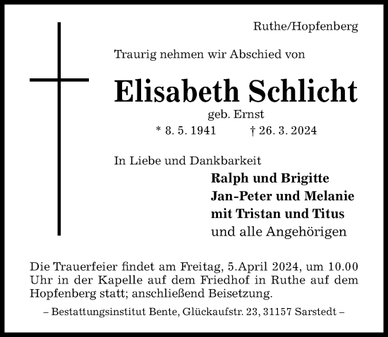 Traueranzeige von Elisabeth Schlicht von Hildesheimer Allgemeine Zeitung