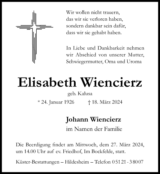 Traueranzeige von Elisabeth Wiencierz von Hildesheimer Allgemeine Zeitung