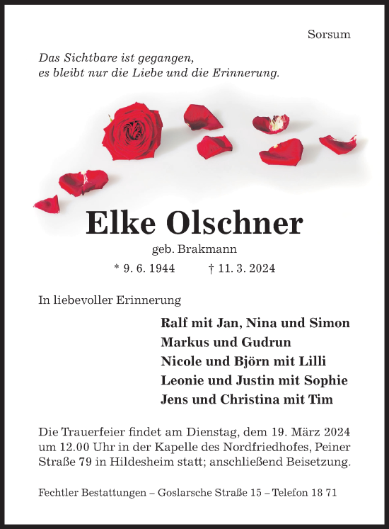 Traueranzeige von Elke Olschner von Hildesheimer Allgemeine Zeitung