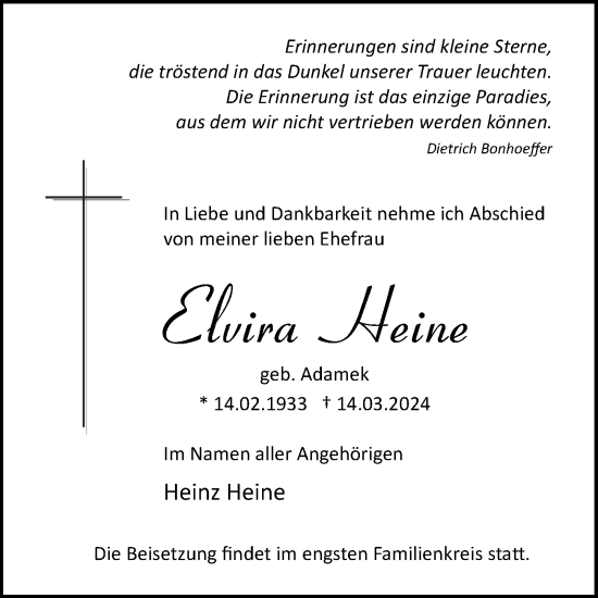 Traueranzeige von Elvira Heine von Hildesheimer Allgemeine Zeitung