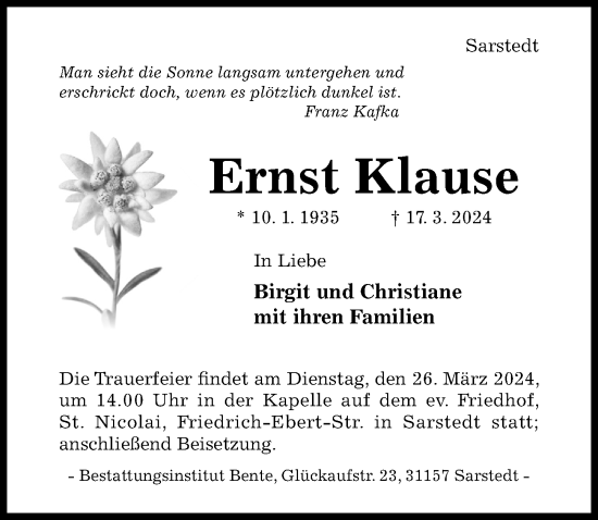 Traueranzeige von Ernst Klause von Hildesheimer Allgemeine Zeitung