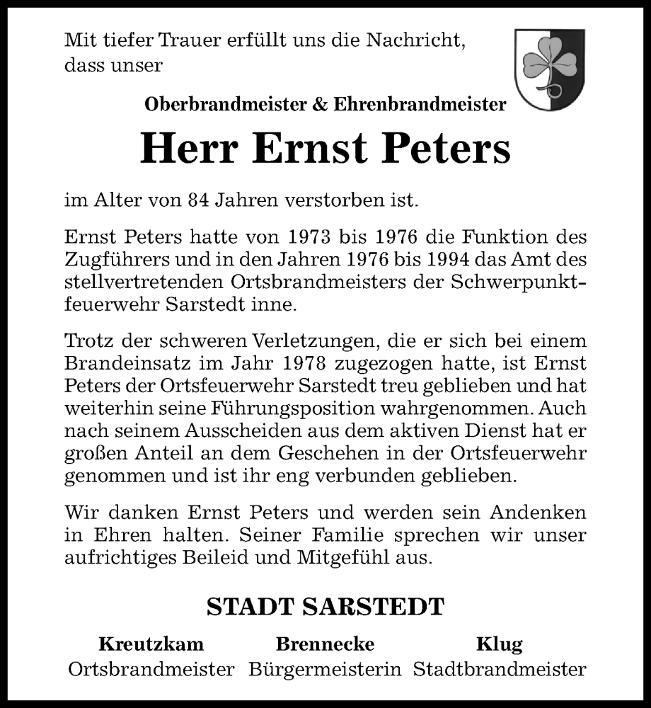  Traueranzeige für Ernst Peters vom 02.03.2024 aus Hildesheimer Allgemeine Zeitung