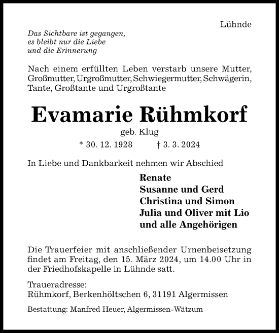 Traueranzeige von Evamarie Rühmkorf von Hildesheimer Allgemeine Zeitung