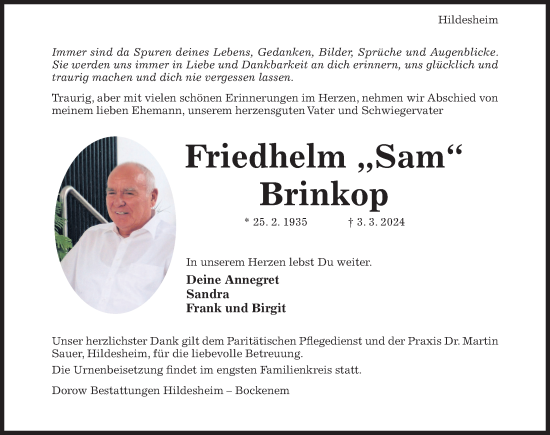 Traueranzeige von Friedhelm Brinkop von Hildesheimer Allgemeine Zeitung