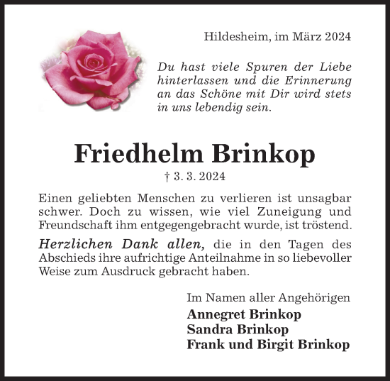 Traueranzeige von Friedhelm Brinkop von Hildesheimer Allgemeine Zeitung