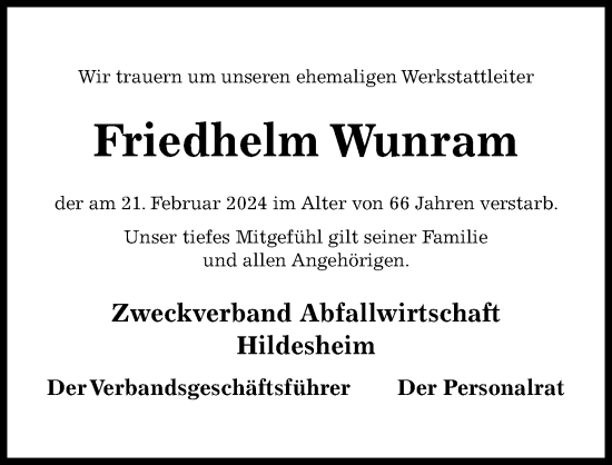 Traueranzeige von Friedhelm Wunram von Hildesheimer Allgemeine Zeitung