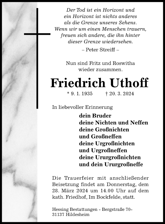 Traueranzeige von Friedrich Uthoff von Hildesheimer Allgemeine Zeitung