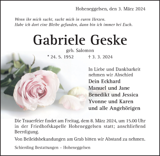 Traueranzeige von Gabriele Geske von Hildesheimer Allgemeine Zeitung