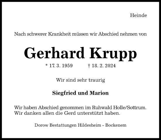 Traueranzeige von Gerhard Krupp von Hildesheimer Allgemeine Zeitung