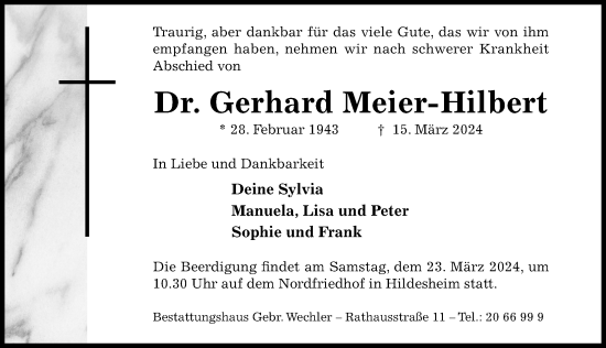 Traueranzeige von Gerhard Meier-Hilbert von Hildesheimer Allgemeine Zeitung