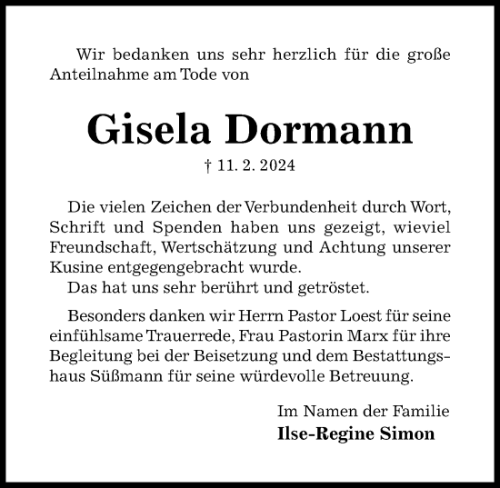 Traueranzeige von Gisela Dormann von Hildesheimer Allgemeine Zeitung