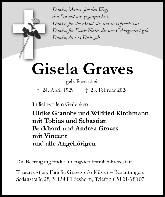Traueranzeige von Gisela Graves von Hildesheimer Allgemeine Zeitung