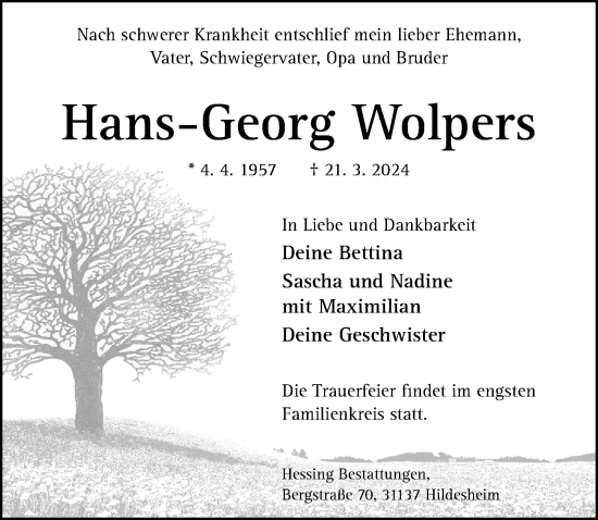 Traueranzeige von Hans-Georg Wolpers von Hildesheimer Allgemeine Zeitung
