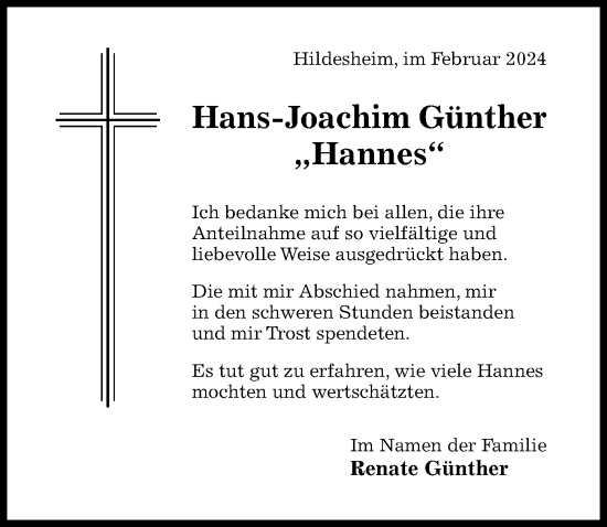 Traueranzeige von Hans-Joachim Günther von Hildesheimer Allgemeine Zeitung