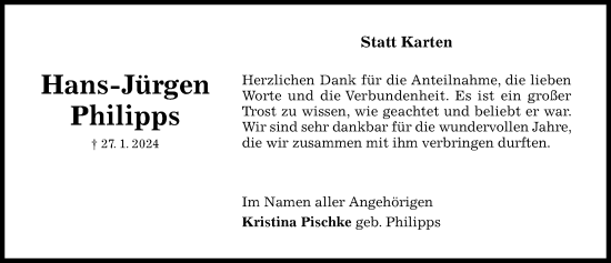 Traueranzeige von Hans-Jürgen Philipps von Hildesheimer Allgemeine Zeitung