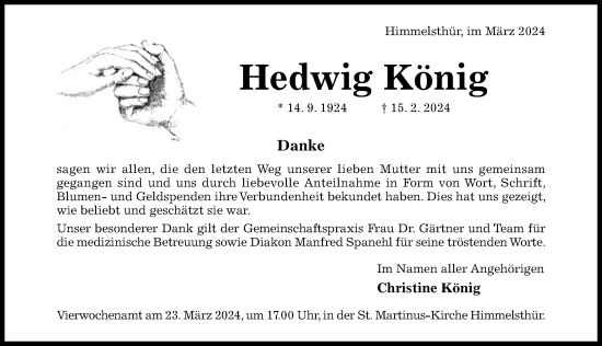 Traueranzeige von Hedwig König von Hildesheimer Allgemeine Zeitung